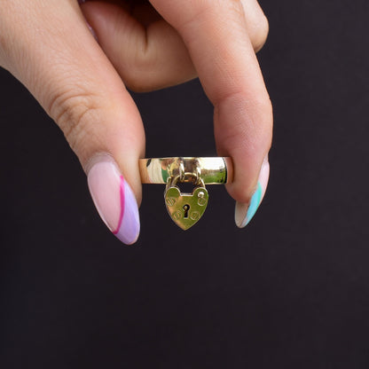 Antique Heart Padlock Drop 9ct Yellow Gold Band Ring | Birmingham 1913