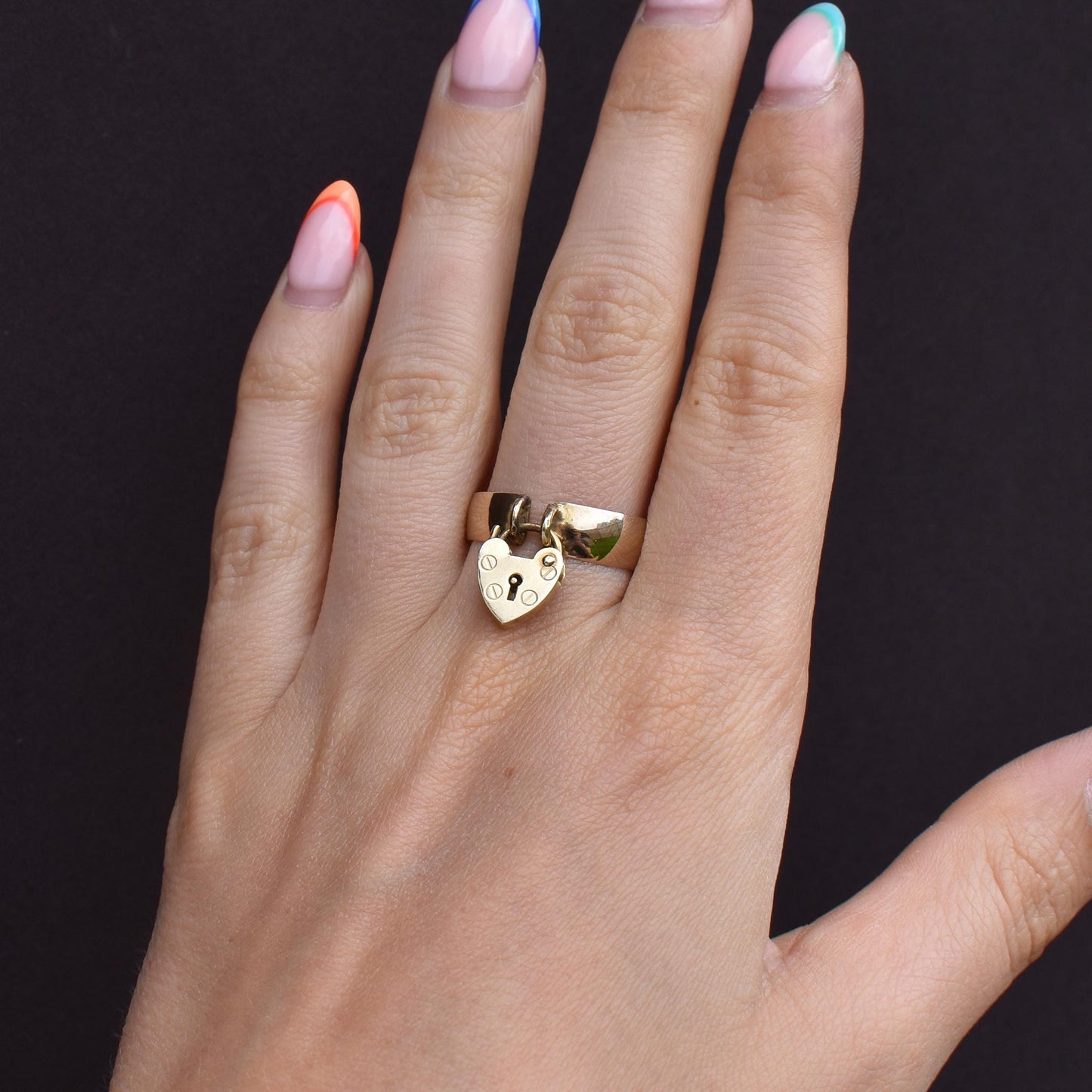 Antique Heart Padlock Drop 9ct Yellow Gold Band Ring | Birmingham 1913