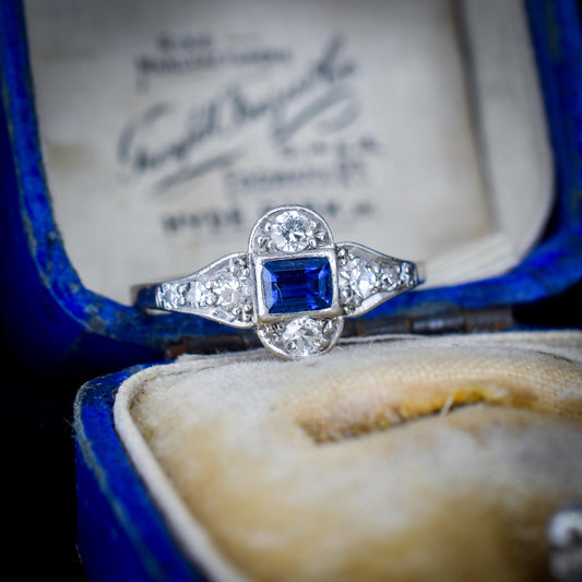 Art Deco Blue Sapphire and Diamond Platinum Ring