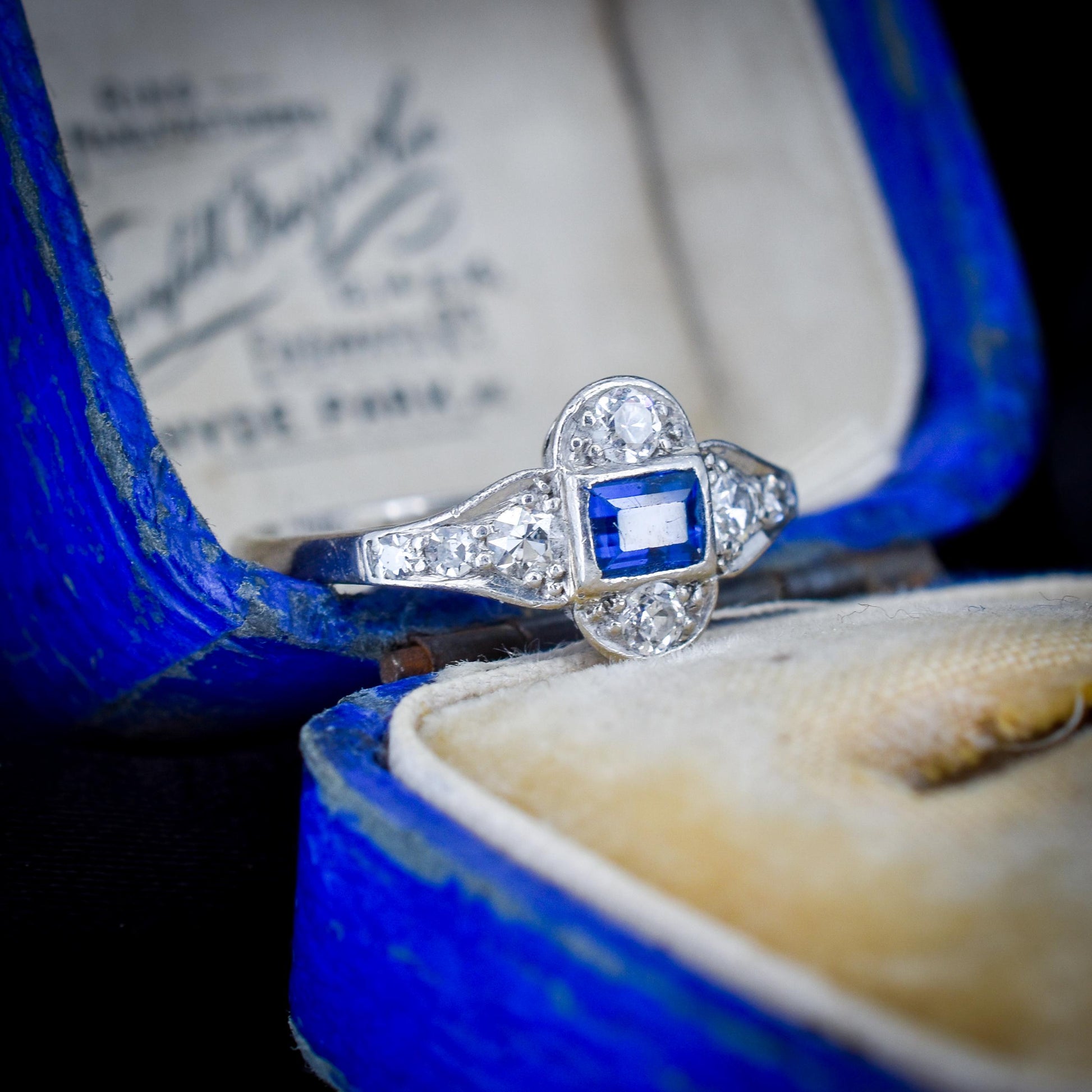 Art Deco Blue Sapphire and Diamond Platinum Ring