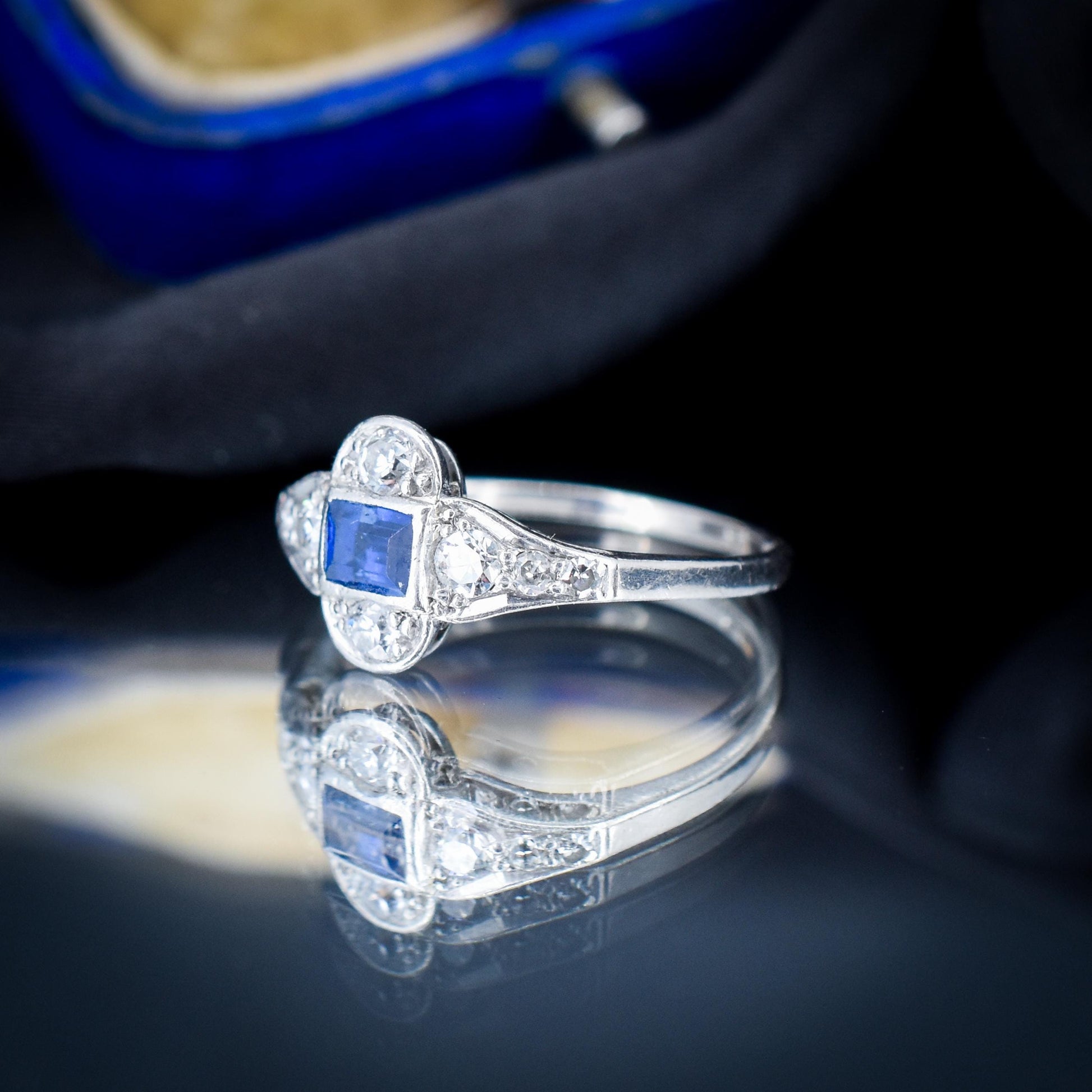 Art Deco Blue Sapphire and Diamond Platinum Ring