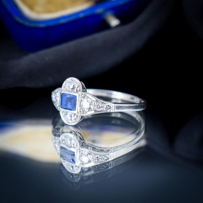 Art Deco Blue Sapphire and Diamond Platinum Ring