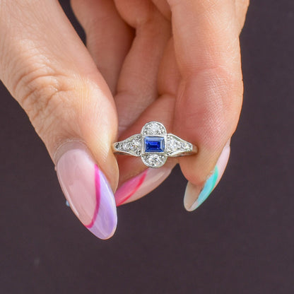 Art Deco Blue Sapphire and Diamond Platinum Ring
