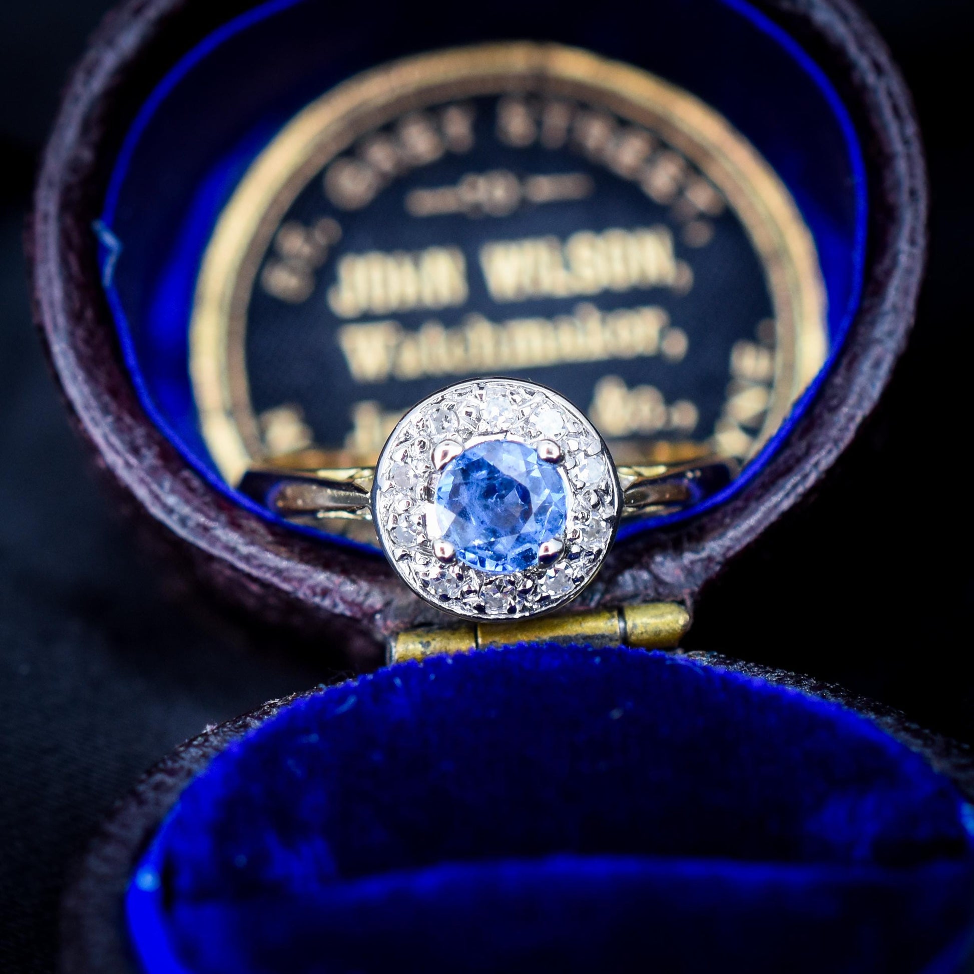 Vintage Blue Sapphire and Diamond Round Cluster Halo 18ct Gold Ring