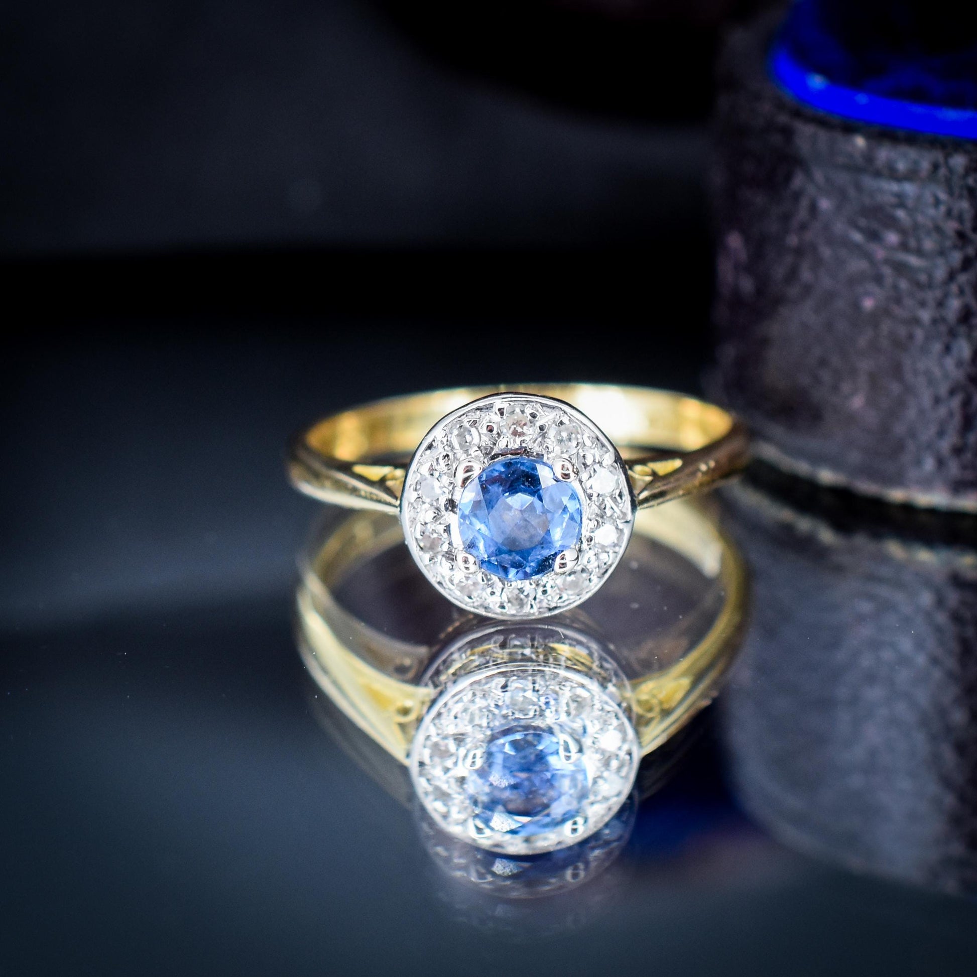 Vintage Blue Sapphire and Diamond Round Cluster Halo 18ct Gold Ring