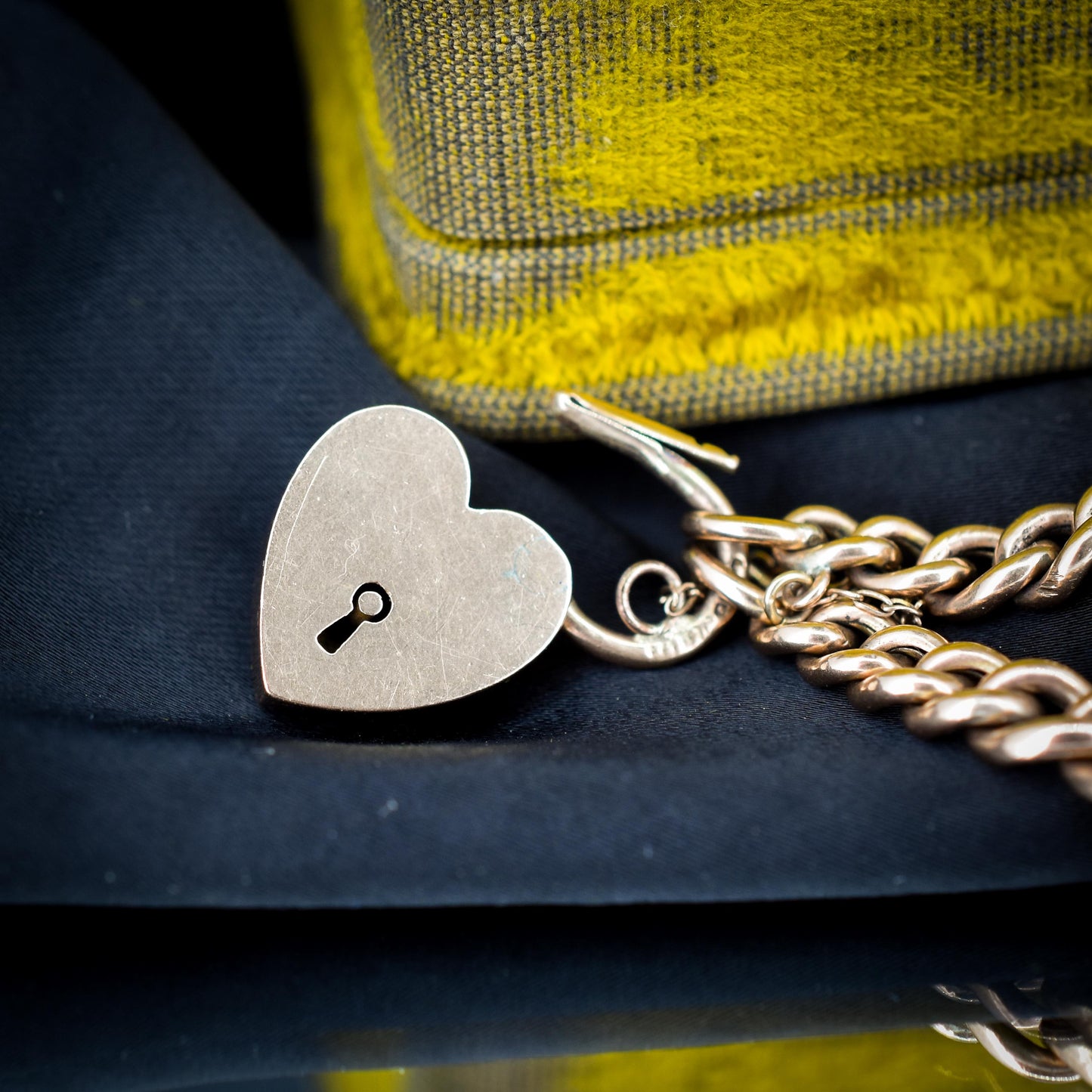 Antique 9ct Gold Curb Bracelet with Heart Padlock and Pearl Crescent | 7.5"