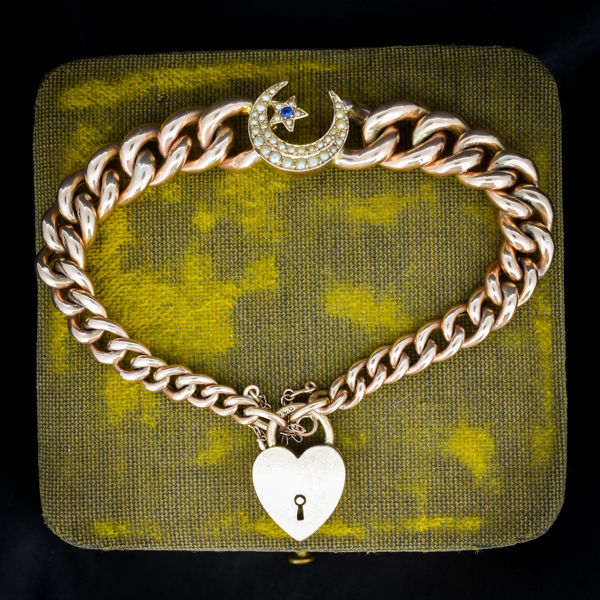 Antique 9ct Gold Curb Bracelet with Heart Padlock and Pearl Crescent | 7.5"