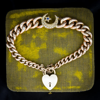 Antique 9ct Gold Curb Bracelet with Heart Padlock and Pearl Crescent | 7.5"