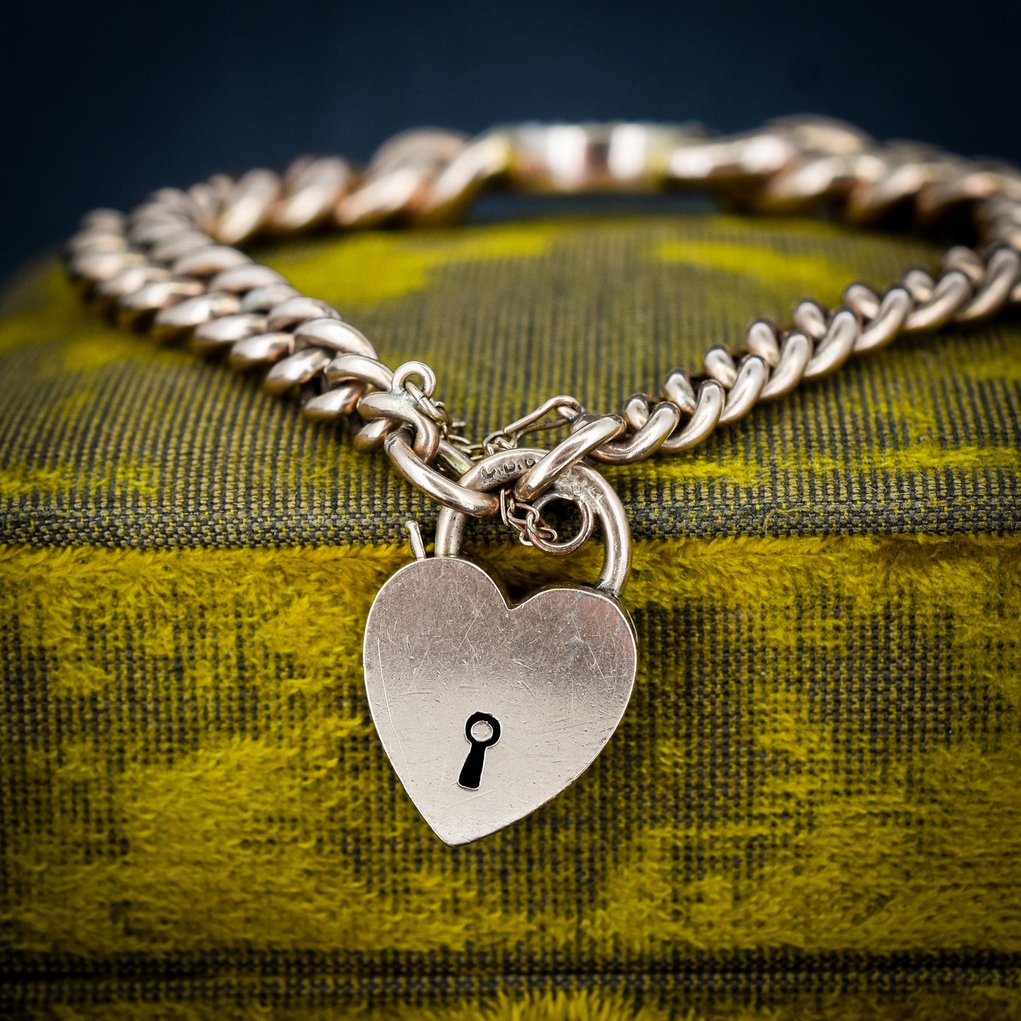 Antique 9ct Gold Curb Bracelet with Heart Padlock and Pearl Crescent | 7.5"