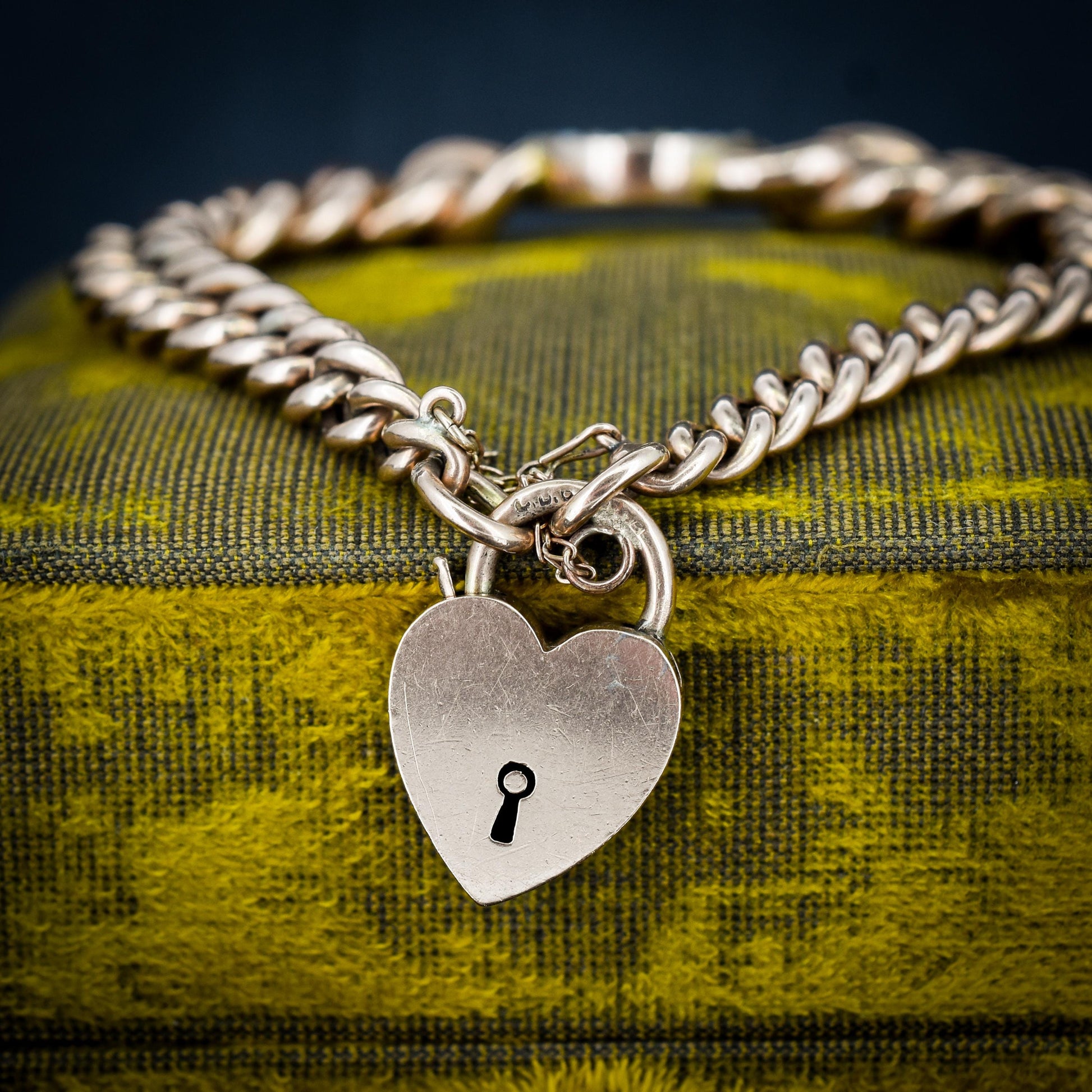 Antique 9ct Gold Curb Bracelet with Heart Padlock and Pearl Crescent | 7.5"