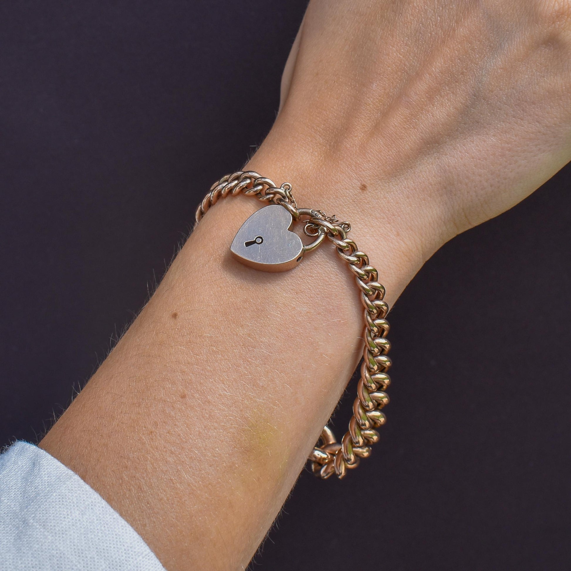 Antique 9ct Gold Curb Bracelet with Heart Padlock and Pearl Crescent | 7.5"