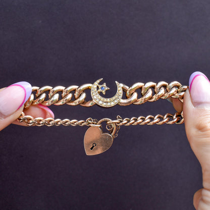 Antique 9ct Gold Curb Bracelet with Heart Padlock and Pearl Crescent | 7.5"