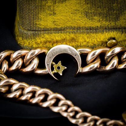 Antique 9ct Gold Curb Bracelet with Heart Padlock and Pearl Crescent | 7.5"