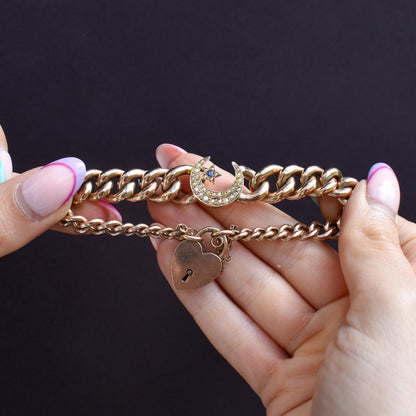 Antique 9ct Gold Curb Bracelet with Heart Padlock and Pearl Crescent | 7.5"