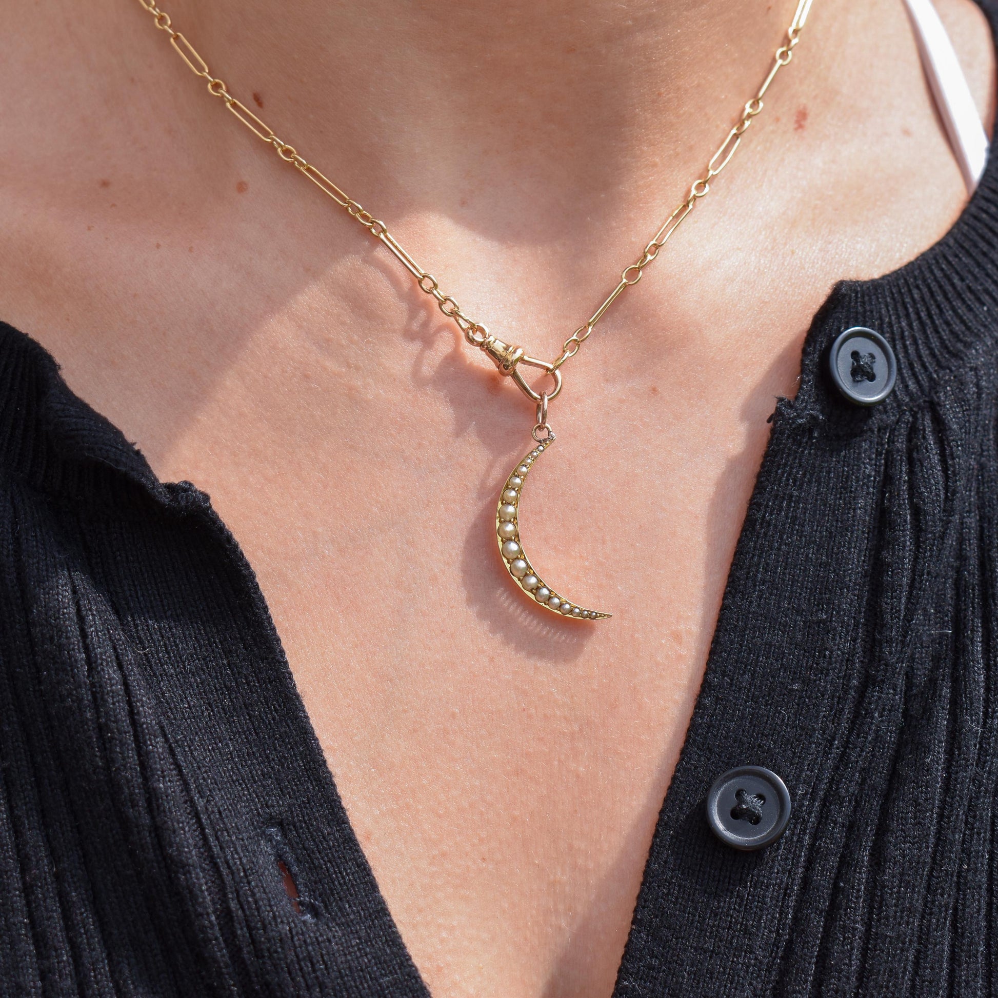 Antique 15ct Gold Pearl Crescent Moon Pendant