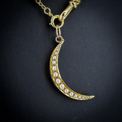 Antique 15ct Gold Pearl Crescent Moon Pendant