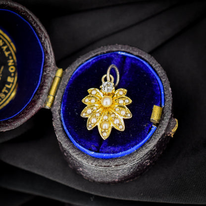 Antique 15ct Gold Pearl and Diamond Flower Pendant