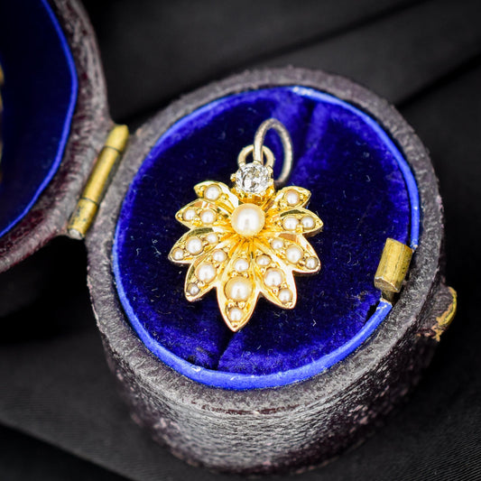 Antique 15ct Gold Pearl and Diamond Flower Pendant
