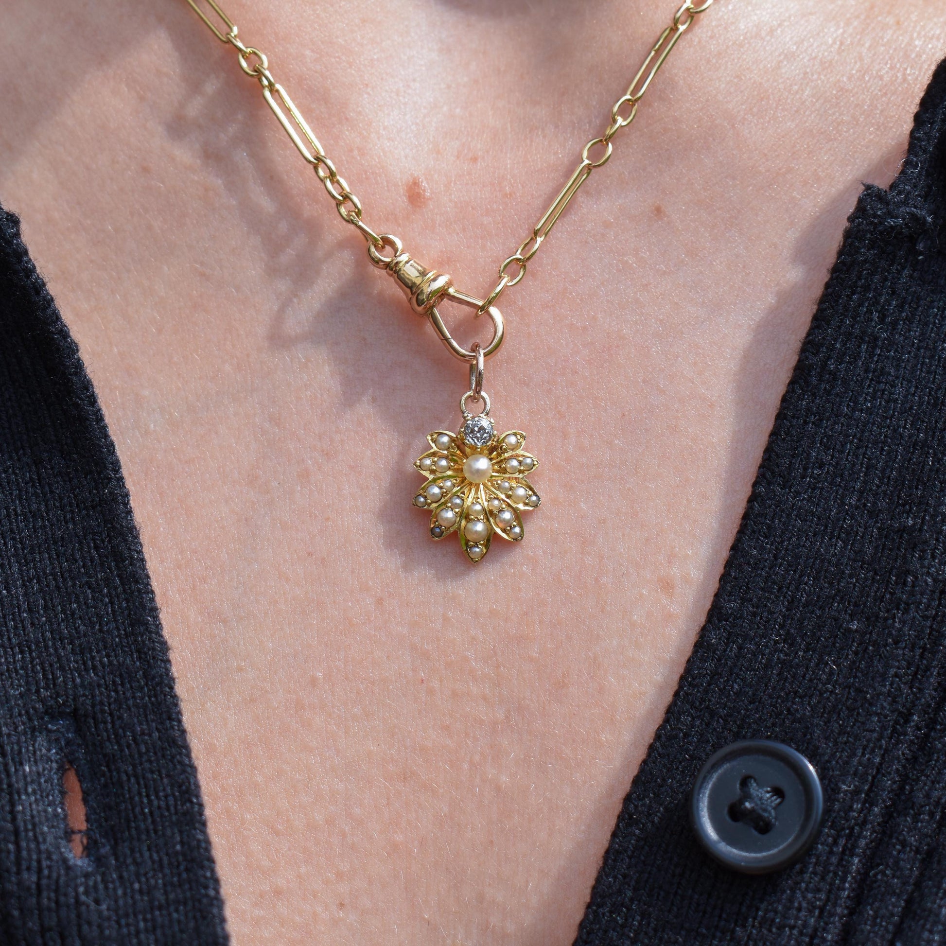 Antique 15ct Gold Pearl and Diamond Flower Pendant
