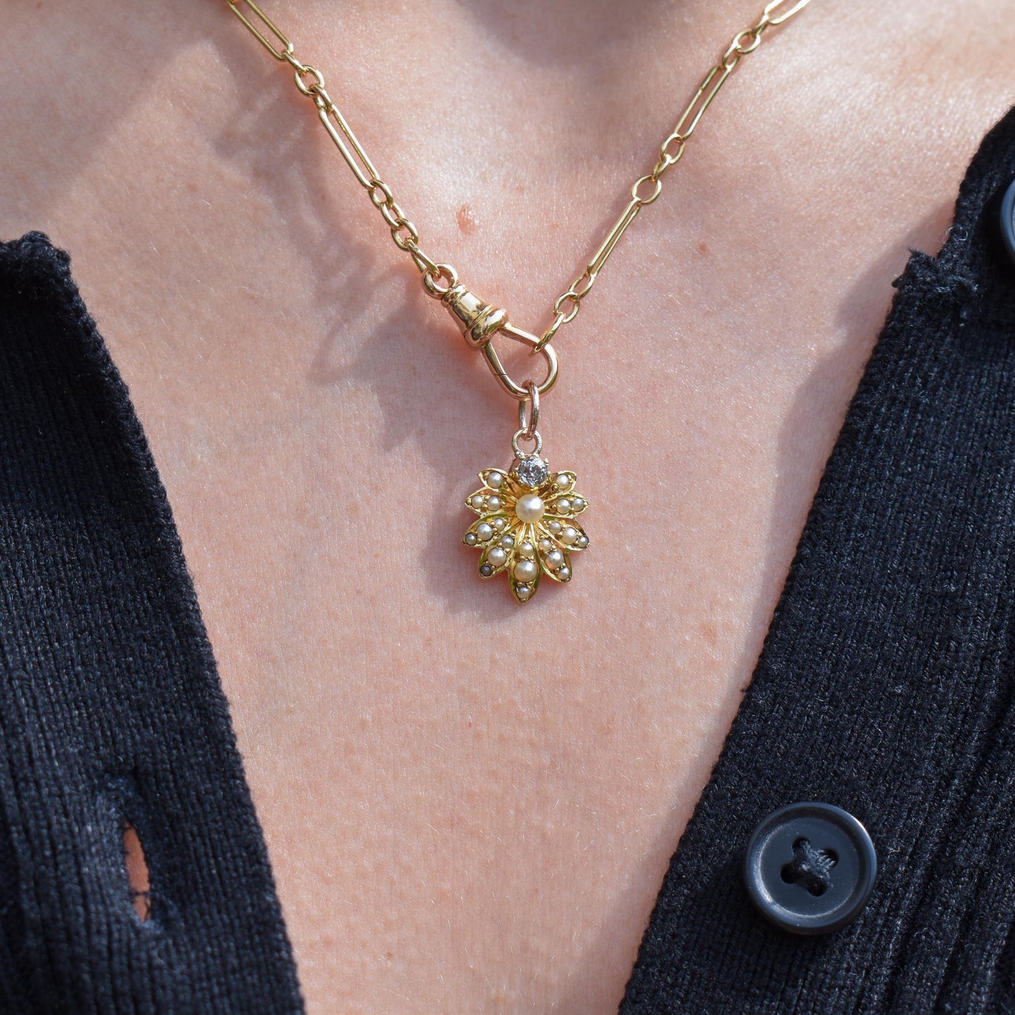 Antique 15ct Gold Pearl and Diamond Flower Pendant