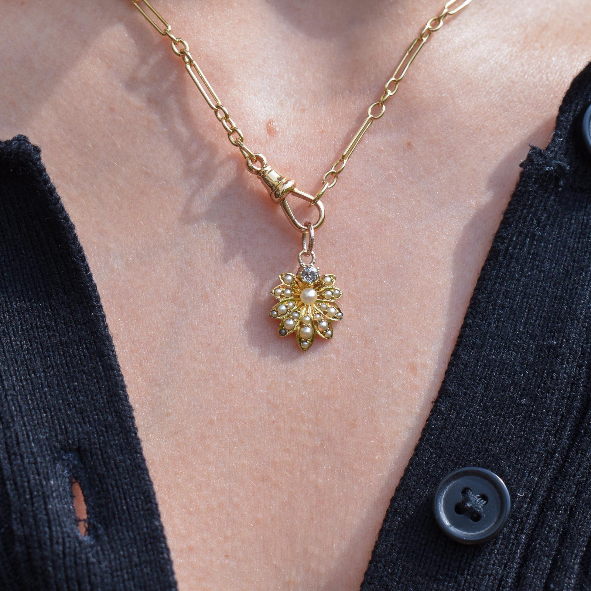Antique 15ct Gold Pearl and Diamond Flower Pendant