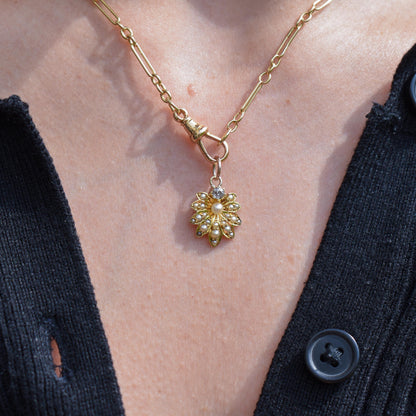 Antique 15ct Gold Pearl and Diamond Flower Pendant