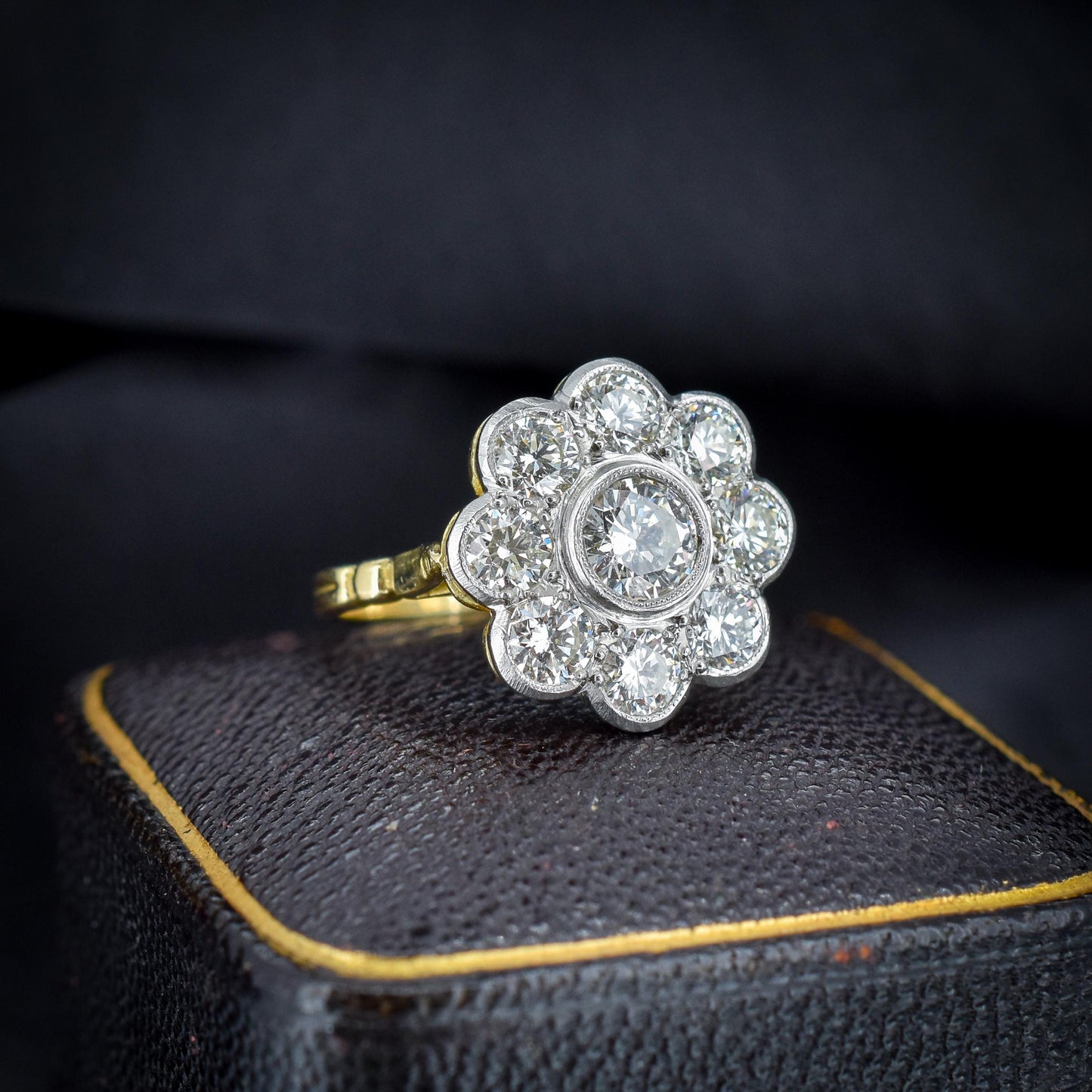 2.0ct Diamond Daisy Cluster Halo 18ct Yellow Gold and Platinum Ring | Antique Style