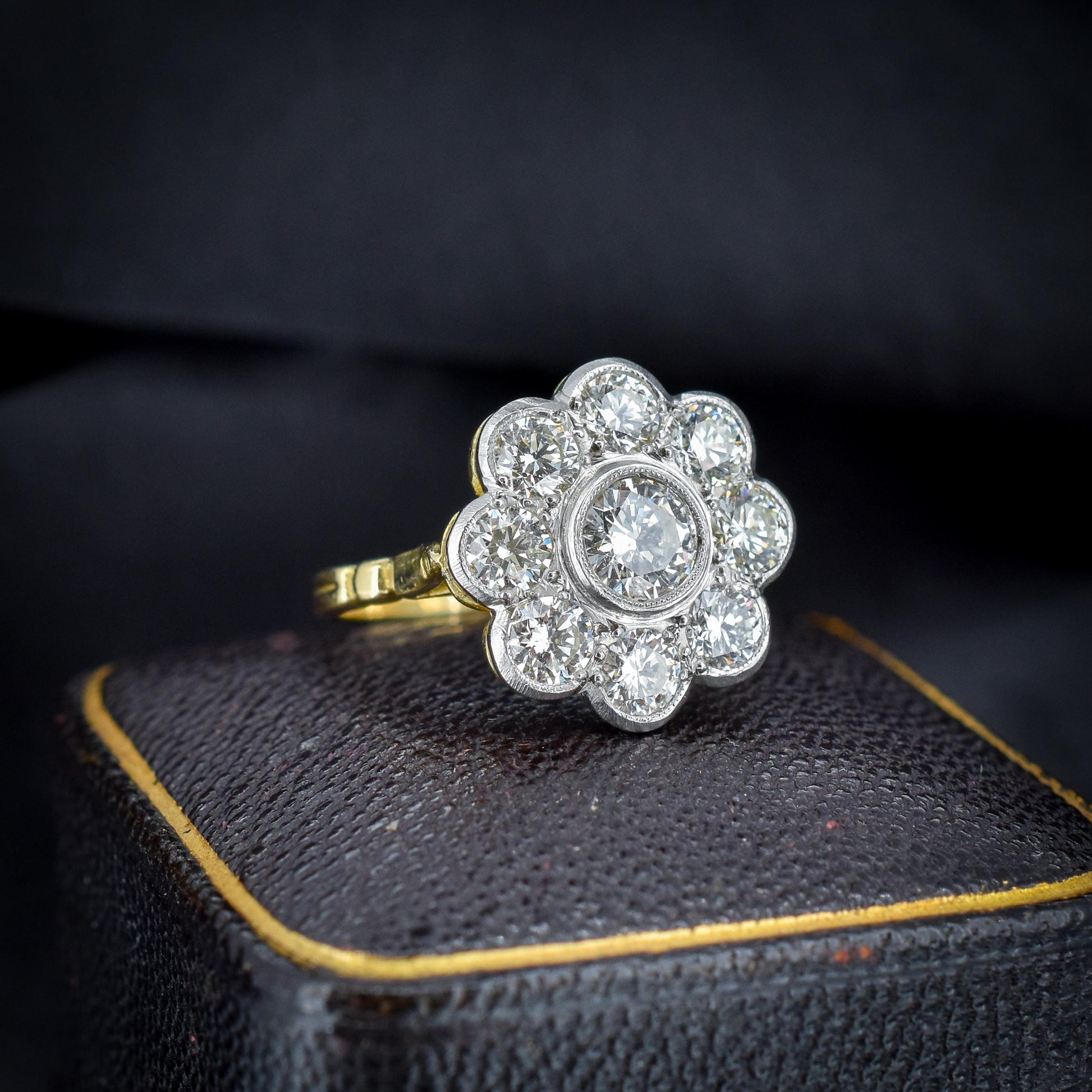 2.0ct Diamond Daisy Cluster Halo 18ct Yellow Gold and Platinum Ring | Antique Style