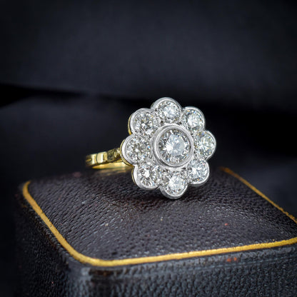 2.0ct Diamond Daisy Cluster Halo 18ct Yellow Gold and Platinum Ring | Antique Style