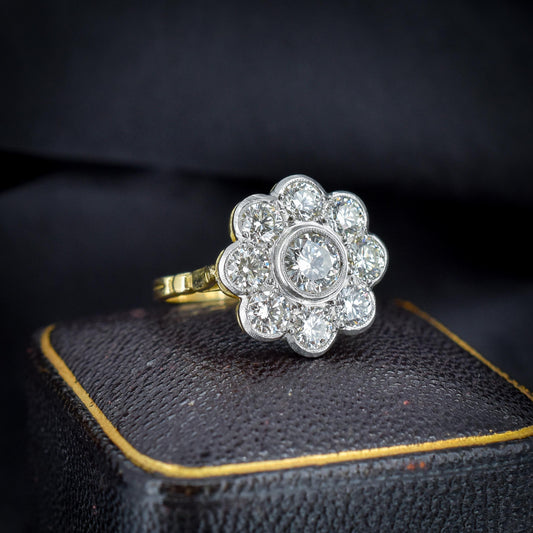 2.0ct Diamond Daisy Cluster Halo 18ct Yellow Gold and Platinum Ring | Antique Style