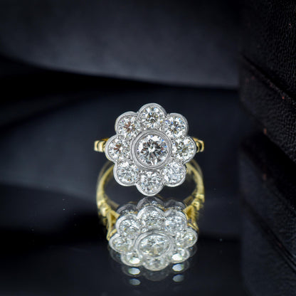 2.0ct Diamond Daisy Cluster Halo 18ct Yellow Gold and Platinum Ring | Antique Style