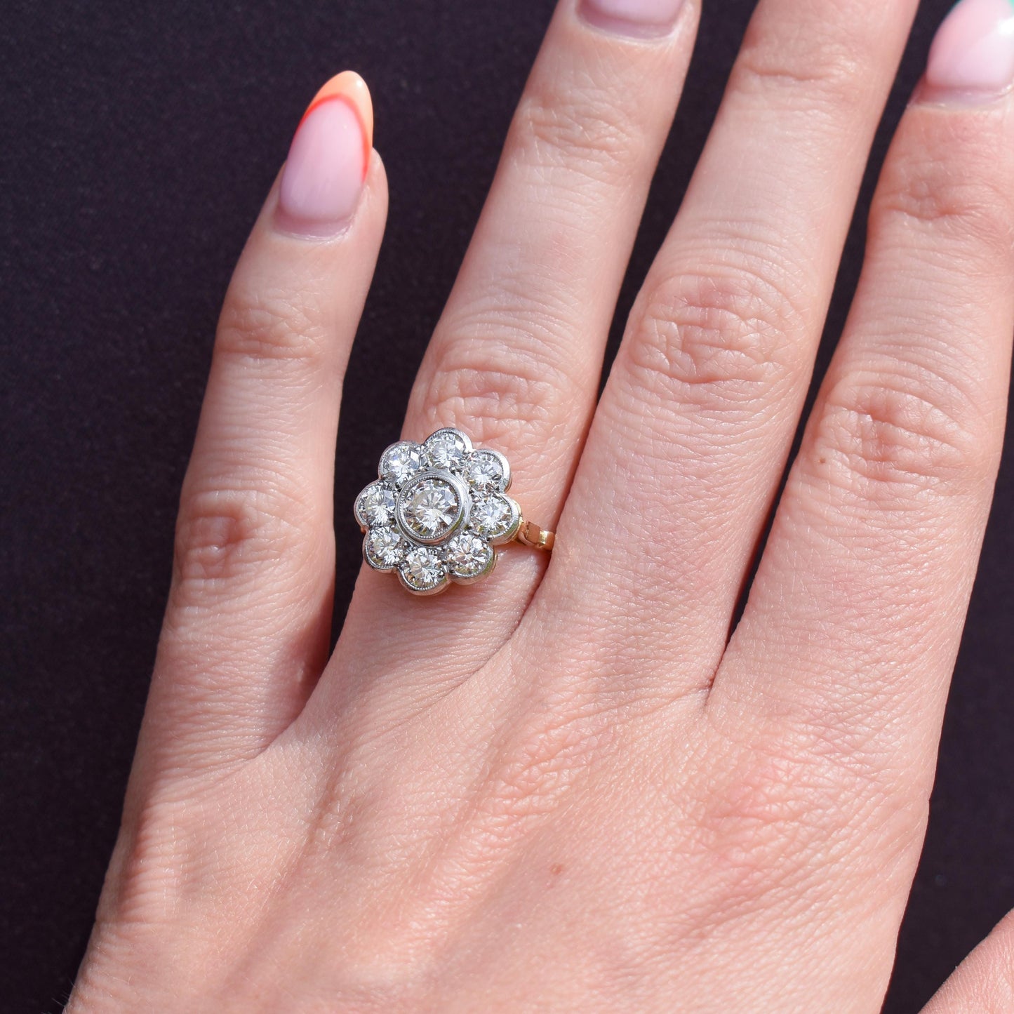 2.0ct Diamond Daisy Cluster Halo 18ct Yellow Gold and Platinum Ring | Antique Style