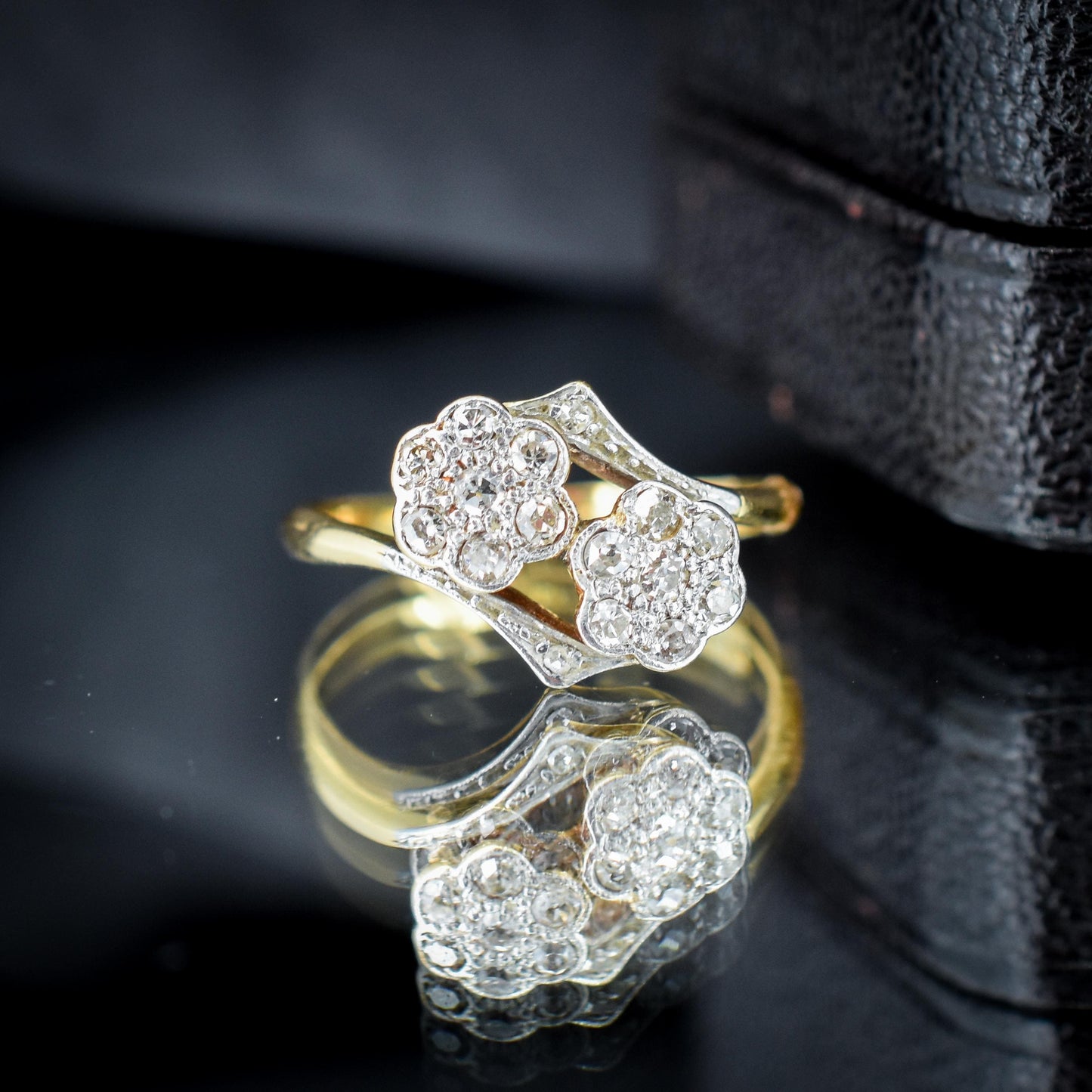 Antique Diamond Cluster Flower Daisy 18ct Gold Double Twist Ring