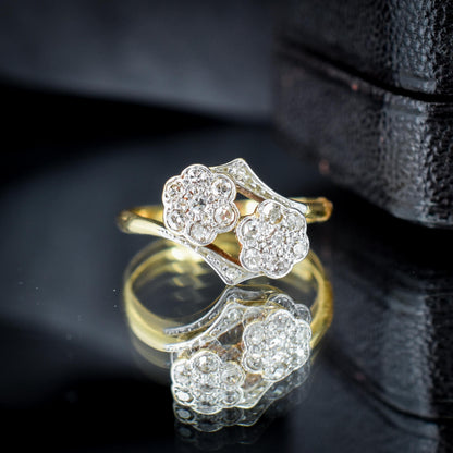 Antique Diamond Cluster Flower Daisy 18ct Gold Double Twist Ring