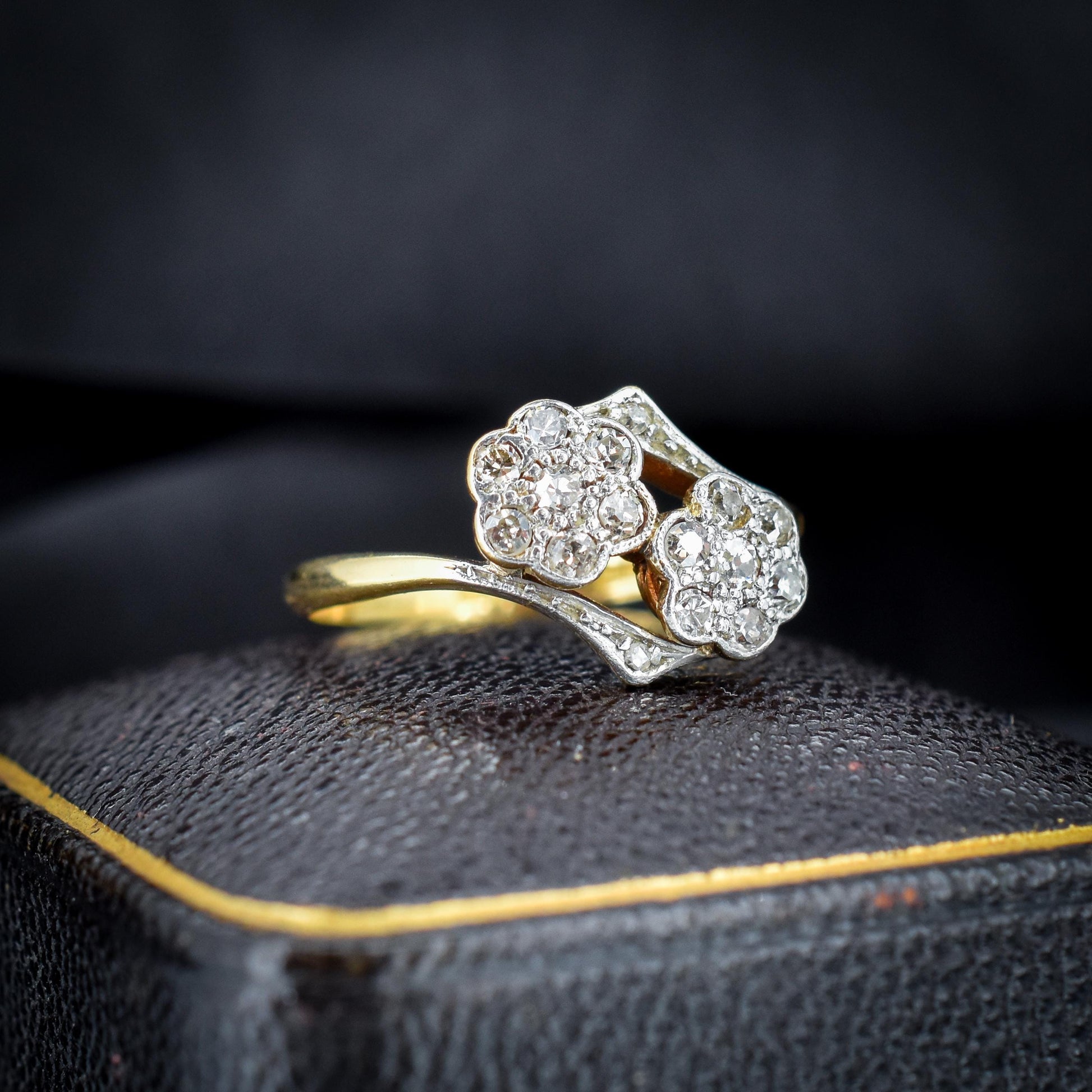Antique Diamond Cluster Flower Daisy 18ct Gold Double Twist Ring