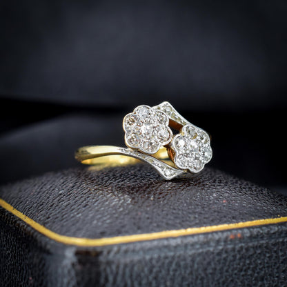 Antique Diamond Cluster Flower Daisy 18ct Gold Double Twist Ring