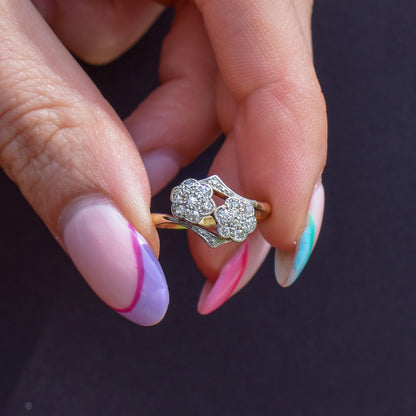 Antique Diamond Cluster Flower Daisy 18ct Gold Double Twist Ring