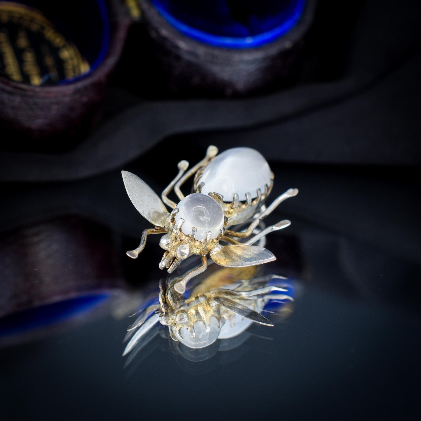 Antique Moonstone Silver Bug Insect Brooch Pin | Victorian