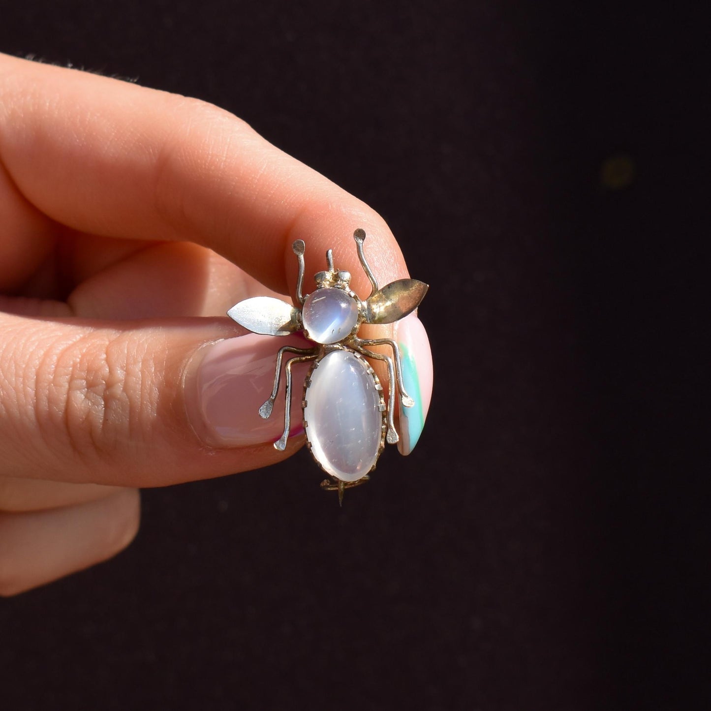Antique Moonstone Silver Bug Insect Brooch Pin | Victorian