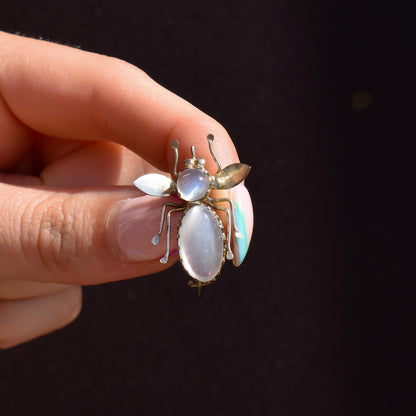 Antique Moonstone Silver Bug Insect Brooch Pin | Victorian