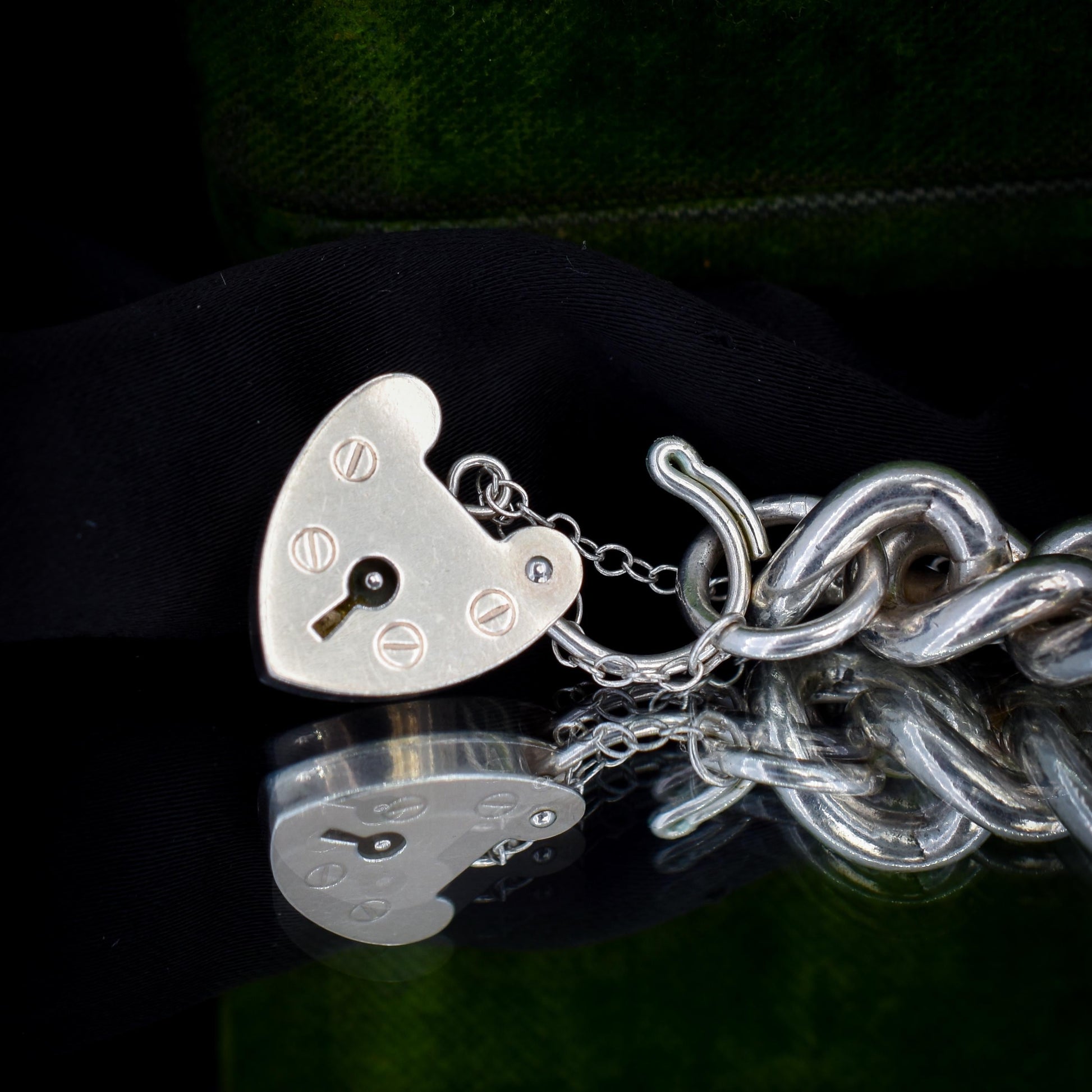 Vintage Heavy Chunky Heart Padlock Sterling Silver Curb Bracelet 7"
