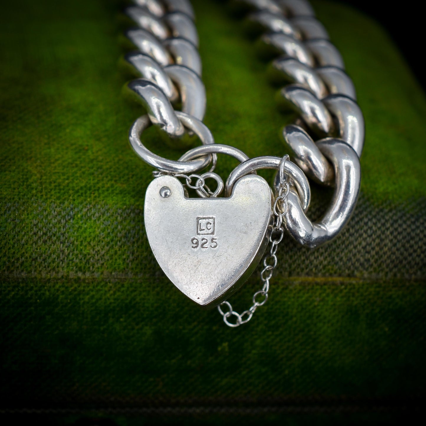Vintage Heavy Chunky Heart Padlock Sterling Silver Curb Bracelet 7"