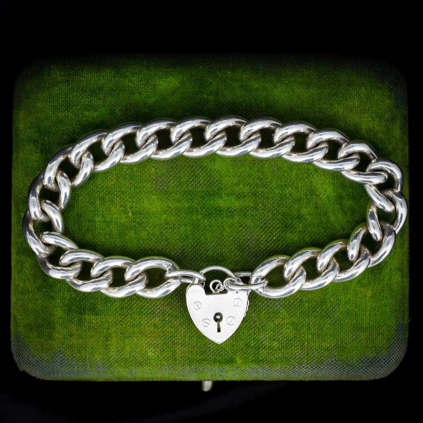 Vintage Heavy Chunky Heart Padlock Sterling Silver Curb Bracelet 7"