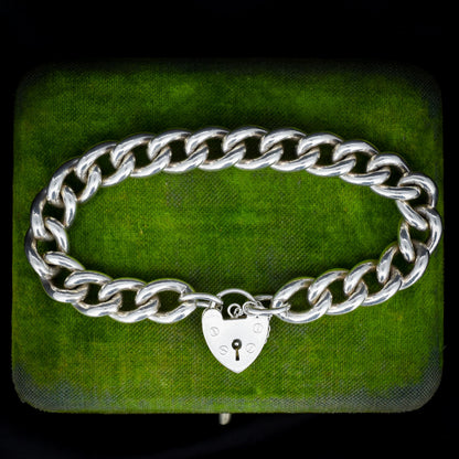 Vintage Heavy Chunky Heart Padlock Sterling Silver Curb Bracelet 7"