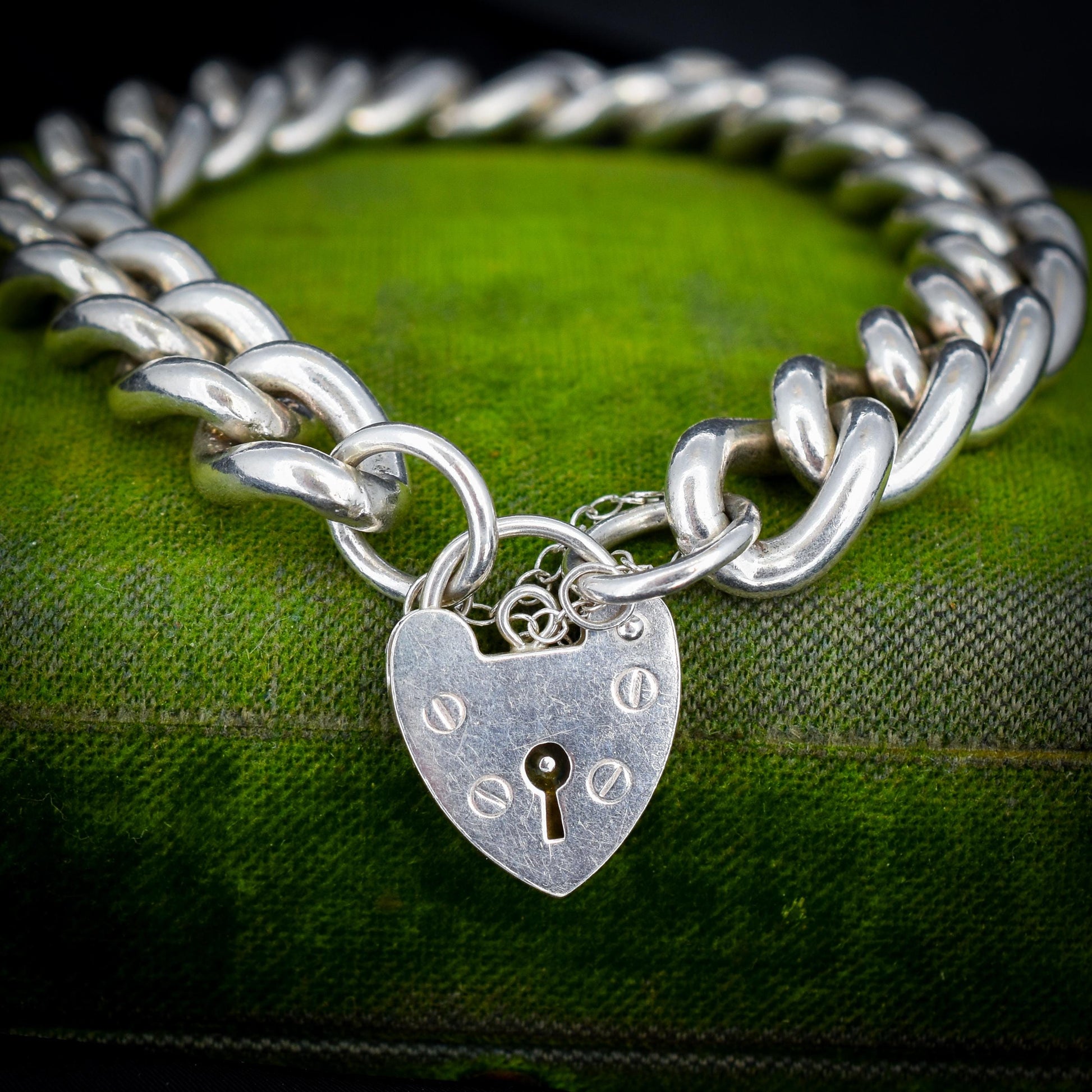 Vintage Heavy Chunky Heart Padlock Sterling Silver Curb Bracelet 7"
