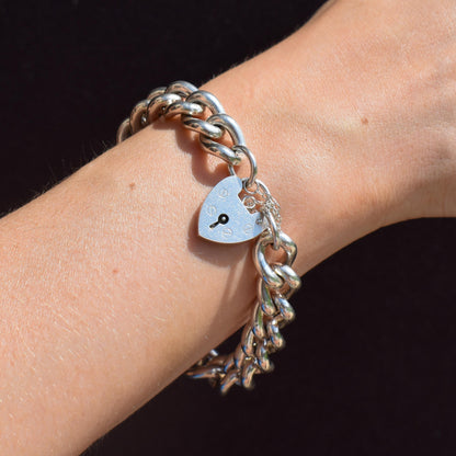 Vintage Heavy Chunky Heart Padlock Sterling Silver Curb Bracelet 7"