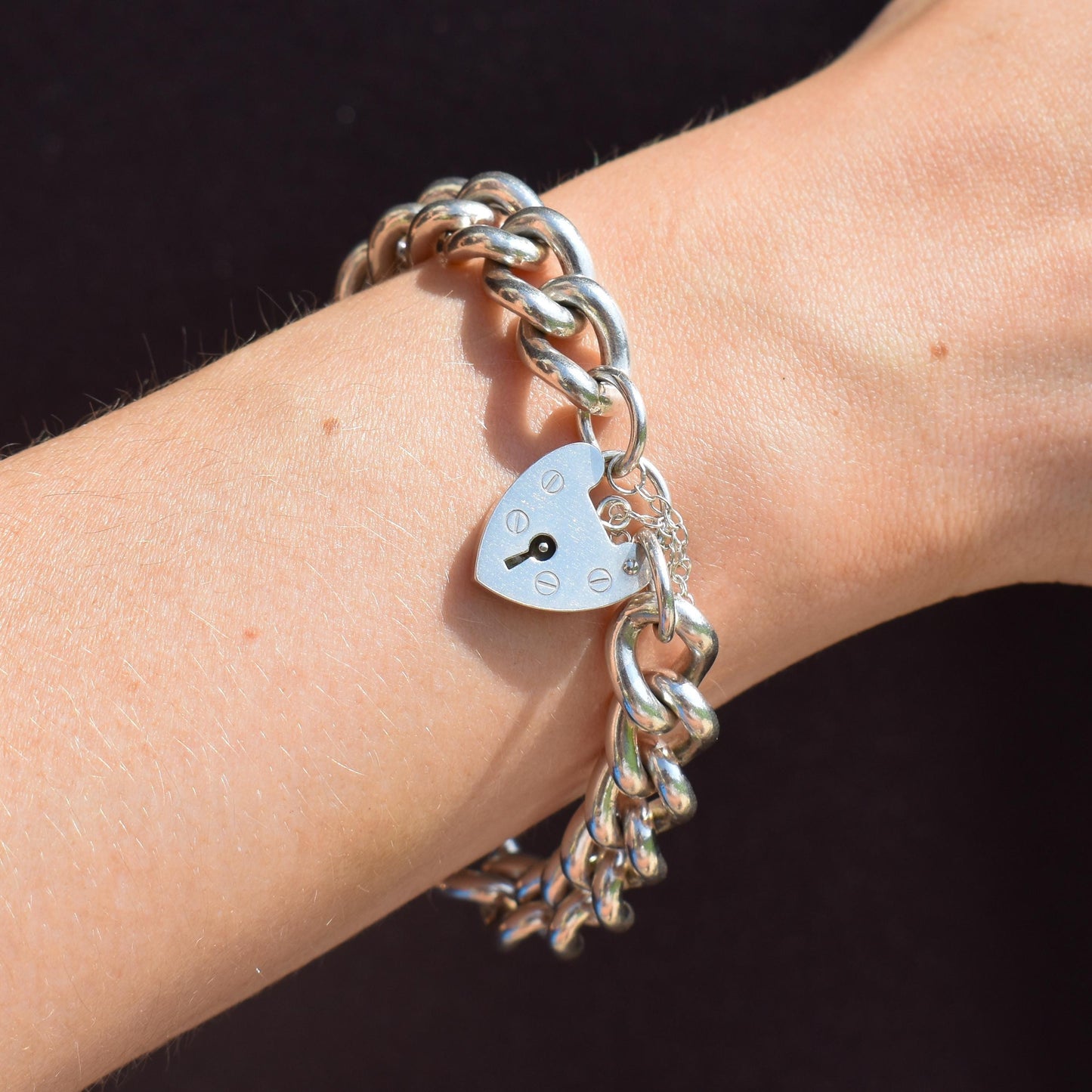 Vintage Heavy Chunky Heart Padlock Sterling Silver Curb Bracelet 7"