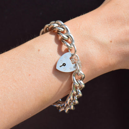 Vintage Heavy Chunky Heart Padlock Sterling Silver Curb Bracelet 7"