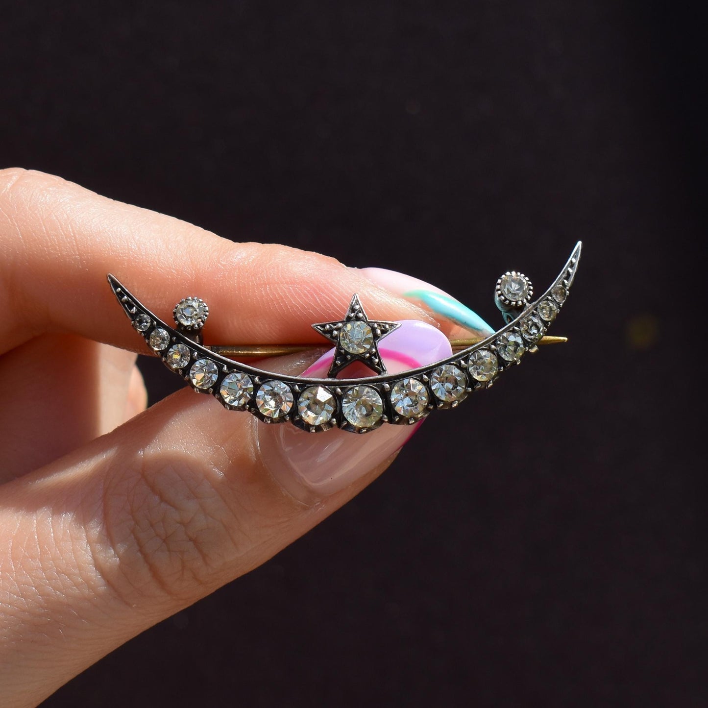 Antique Old Cut Paste Silver Crescent Moon and Star Brooch Pin