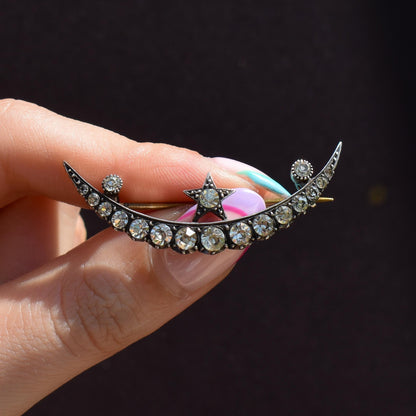 Antique Old Cut Paste Silver Crescent Moon and Star Brooch Pin